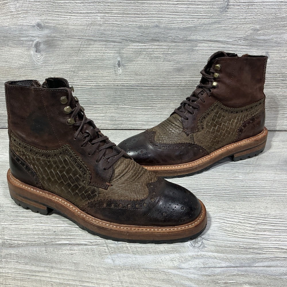 Donald J. Pliner Ziroc 56 Men's Size 8 M Brown Leather Wingtip Lace Up Zip Boots
